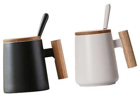 ABOOFAN 2stücke Keramik Mit Deckel Und Löffel Zweifarbige Milch-tassen Ohne Henkel Stabiles Design Mit Flachem Boden Praktische Frühstücksbecher Für Haushalt Und Alltag