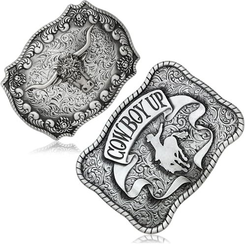 RechicGu 2 Stück türkisfarbene lange Horn-Bull-Gürtelschnallen Vintage Western Cowboy-Gürtelschnalle für Männer und Frauen, 2 Stile, 099# Horse Bull Silver, Large