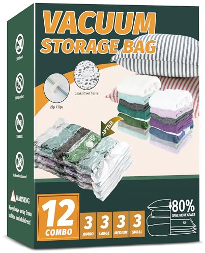 Space Saver Bags, Vacuum Storage Bags, Compression for Blankets and Bedding, Clothes Sealer Storage, No Pump Included (12 Combo)