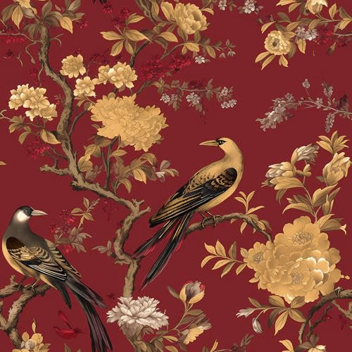 REDAMANCY Luxurious red Golden Peonies Floral Birds Peel and Stick Wallpaper Vintage Wall Paper Stick on Contact Paper Easy Peel Off for nightstand Drawer Renter Friendly 17.7x236