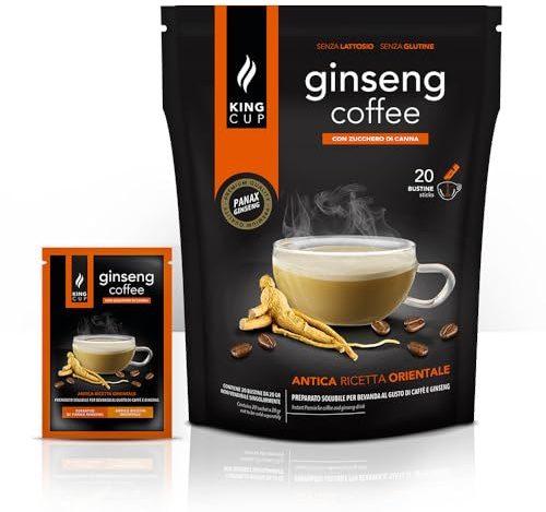 King Cup - 1 Confezione da 20 Bustine Solubili di Ginseng con Zucchero di Canna, 20 Stick da 20 Gr per Bevanda al Gusto di Ginseng da Aggiungere in Acqua Calda, Senza Glutine e Lattosio