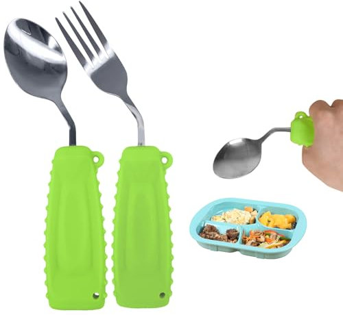 Adaptive Utensils, Weight Utensils for Tremors and Parkinson Patients, Utensil Set Spoon and Fork for Elderly (1 Set Green Right Hand)