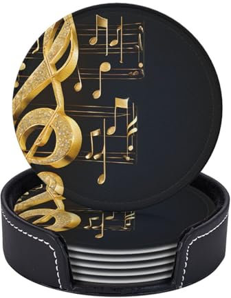 Lot de 6 dessous de verre ronds en cuir avec motif de notes de musique dorées et étoilées tombées