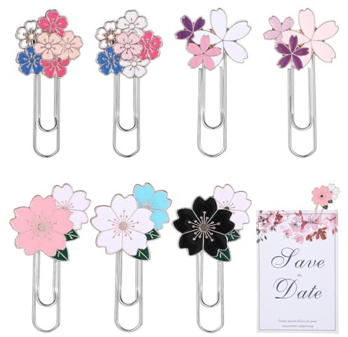 Lot de 7 trombones en métal doré - Motif fleurs de cerisier - Grand format - 60 mm - Multicolore - Pour le bureau, l'école, l'organisation de reçus, la collecte de cartes postales photo