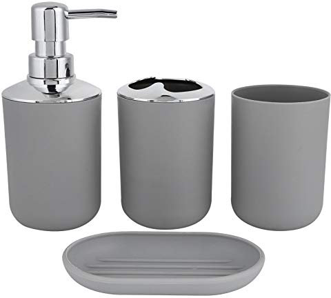 4pcs Bathroom Accessories Set, Plastic Toothbrush Holder Toothbrush Cup Soap Dispenser Bottle Soap Dish Modern Bathroom Accessory Set Lotion Bottle Storage Cup Rinse Cup Soap Dish (Grey)