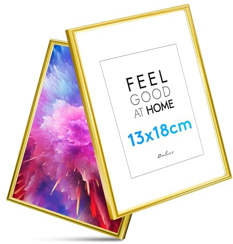 Calias® [1 STK.] Bilderrahmen 13x18 - Kunststoff Bilderrahmen Gold mit bruchsicherem Plexi Glas - Fotorahmen inkl. Aufsteller und Aufhängung - Hochwertige Bilder Rahmen Made in EU