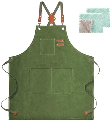 ZOMAO Delantal de lona de algodón con espalda cruzada para hombres y mujeres, delantal de chef con correa ajustable y bolsillos grandes, delantal de trabajo resistente (verde militar)