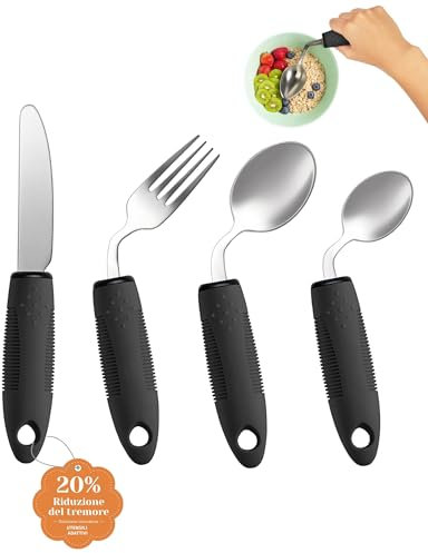 CuraVita Adaptives Besteckset (4-teilig) – 42° gewinkelt, 85 g gewichtetes Besteck bei Parkinson, Handzittern und Arthritis – ergonomische Esshilfen mit rutschfestem Griff (Linkshänder)