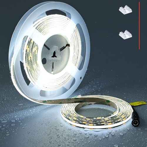 TOPAI 12V COB LED Streifen 5M 6000K Kaltweiß Schwarz PCB IP65 Wasserdicht | Selbstklebend, 480LEDs/M, CRI92+, 800lm/M, Flexibel 8mm Breite, Schneidbar für Küchen, TV, Schlafzimmer