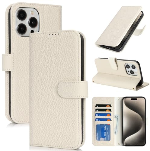 Zouzt Leather Wallet Case for iPhone 15 Pro Max, 4 Card Slot, Milky White | Genuine Leather, Card Holder, Shockproof TPU Shell, Magnetic Closure, Protective Flip Folio Phone Cover, For Women Men