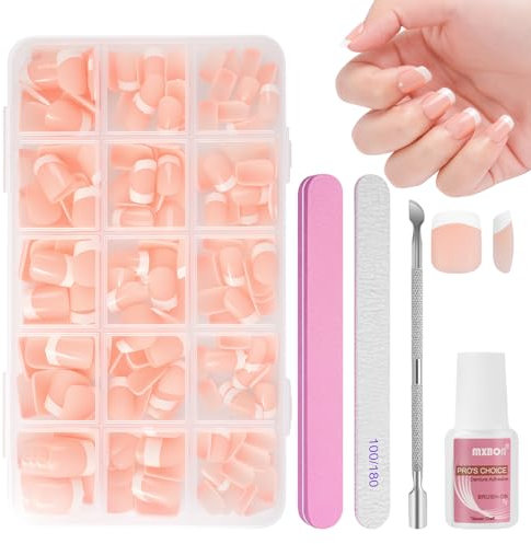 BUTBU Uñas Postizas Francesas Cortas, 240 Piezas Uñas Cuadrado Corto, 15 Tamaños Nail Kit de Tips Uñas Gel con Pegamento, con Empujador de Cutícula Lima Uñas, para Salones Uñas, Manicuras DIY
