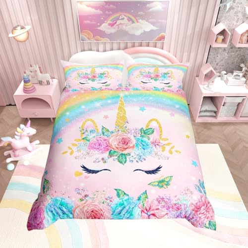 Loussiesd Girls Unicorn Rose Bedding Set Kids Rose Floral Flower Rainbow Comforter Cover Teens Glitter Garden Flower Bed Cover Romantic Pink Purple 3Pcs King