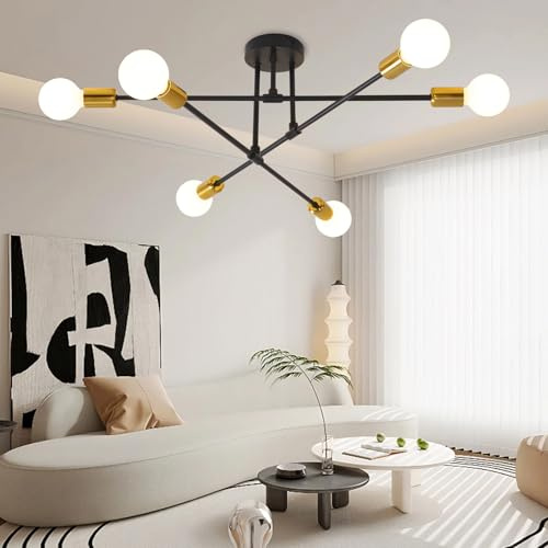 Fynokst Vintage Pendelleuchte mit 6 Glühbirnen -Halbbündige Deckenleuchte mit E27-Fassung für Schlafzimmer,Wohnzimmer, Küche, 50CM,Schwarzgold(Ohne Leuchtmittel)