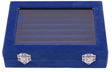 Restokki 7 Slots Jewelry Display Box Velvet Ring Storage Display Case with Clear Lid (Blue)