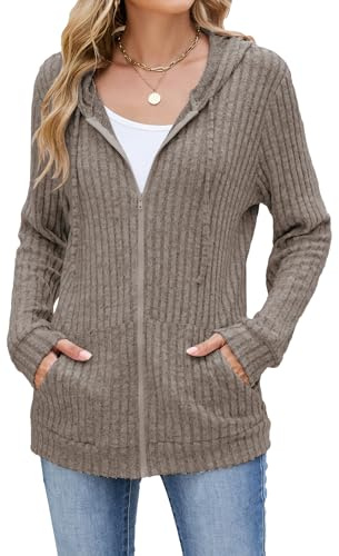 iChunhua Damen-Strickjacke mit Reißverschluss, langärmelig, mit Kapuze, leichte Jacke mit Taschen