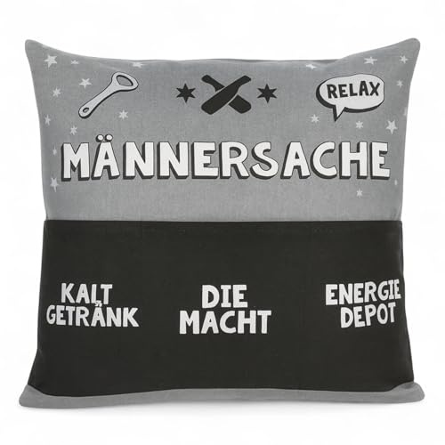 MIJOMA Kissen mit Taschen 40x40 cm mit Aufdruck & Reißverschluss – Dekokissen mit Stauraum – Sofakissen mit Fächern & Füllung (Männersache)