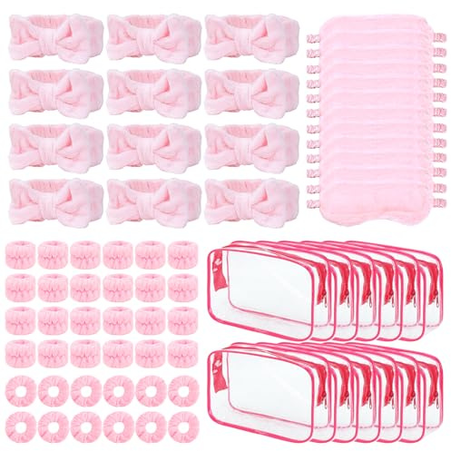 Lot de 72 accessoires de fête de spa, 12 bandeaux à nœud rose, 12 masques pour les yeux, 24 bracelets en peluche, 12 élastiques à cheveux, 12 trousses cosmétiques pour femme, cadeau pour enterrement