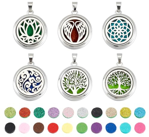 PH PandaHall 6 Styles Essential Oil Diffuser Pendants 6pcs Tree of Life Stainless Steel Pendants Aromatherapy Locket Jewellery Charms with 20pcs Refill Pad for Women Mom Gift Bracelet Necklace Making