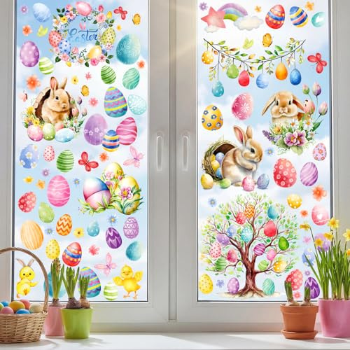 ITClosud 9 Blätter Fensterbilder Ostern Selbstklebend mit Hasen Ostereier Küken, Wiederverwendbar Statisch Haftende PVC Aufkleber für Fensterscheiben, Fenster Kinderzimmer, Schaufenster, Vitrinen
