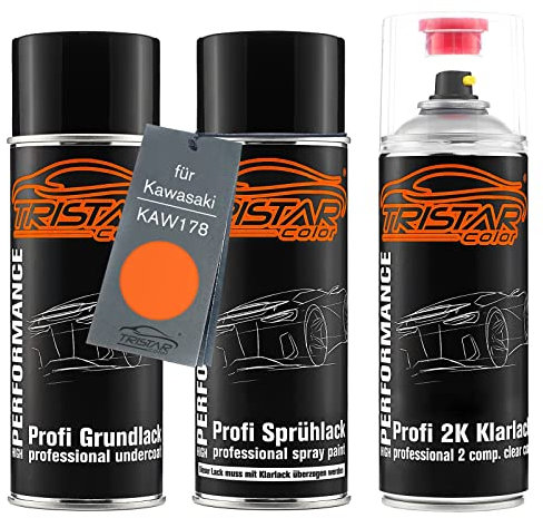 TRISTARcolor Motorradlack 2K Spraydosen Set für Kawasaki KAW178 Candy Sparkling Orange Grundlack Basislack 2 Komponenten Klarlack Sprühdose