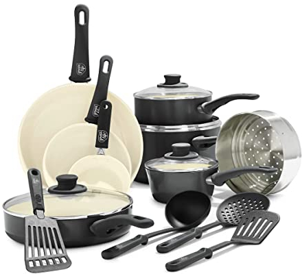 GreenLife Soft Grip Juego de 16 Ollas y Sartenes de Cerámica Antiadherente, Incluye Sartén, Cacerola y Cazo, Sin PFAS, Apto para Lavavajillas, Apto para Horno, Negro y Crema