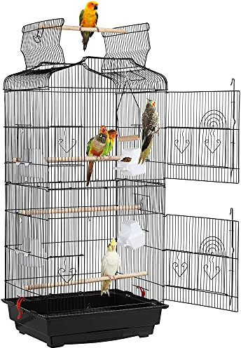 Yaheetech Metal Bird Cage Parrot Cage for Budgie/Lovebird/Cockatiel/Canary with Open Play Top 104cm Black
