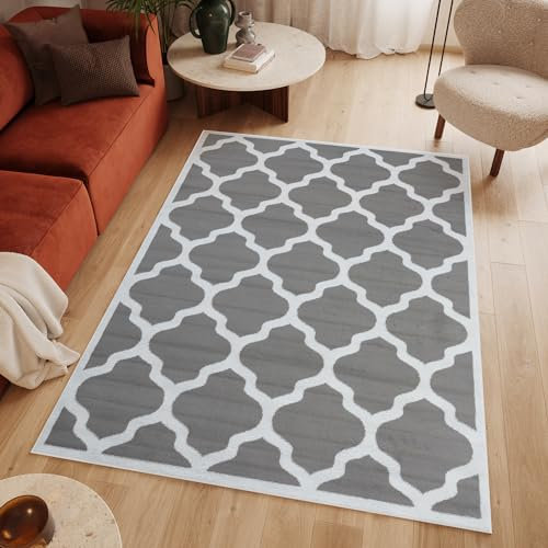TAPISO Luxury Tapis Poils Ras Moderne Gris Clair Blanc Géométrique Trèfle Marocain Bordure Tapis Salon Chambre Adulte Salle à Manger Bureau Oeko-TEX Résistant 160 x 220 cm