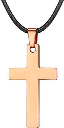 FaithHeart Edelstahl Kreuz Kette Herren Silber Schwarz Gold Rosegold Blauen Kreuzanhänger mit Chain Leder Kette für Männer Frauen Länge 61cm in Geschenkbox Verpackung