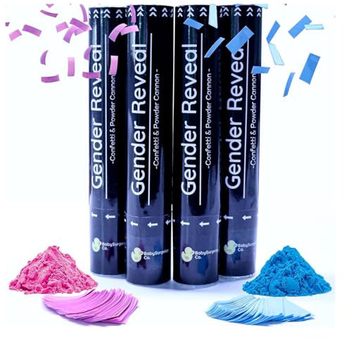 Baby Surprise Co. Cañón de confeti de revelación de género, humo en polvo con almidón de maíz 100% no tóxico, de grado alimenticio, para fiestas comprimido con aire, explosión grande y brillante para