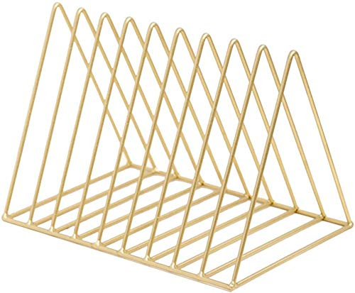 FülleMore Bücherregal Schreibtisch Metall Zeitungshalter 9 Fächer Dreieck Bücher Aufbewahrung Organizer CD Ständer Magazinhalter für Studenten Kinder Erwachsene (26x18.5x17.8cm) (Gold)