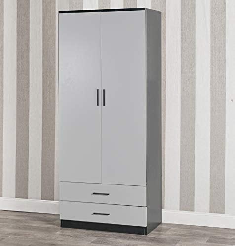 URBNLIVING Tall Wooden 2 Door Black Wardrobe With 2 Drawers Bedroom Storage Hanging Bar Clothes (Black Carcass + Grey Drawers)