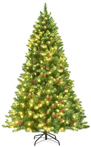 RELAX4LIFE Weihnachtsbaum Künstlich mit Beleuchtung, Christbaum mit 450 LEDs in warmweiß, Tannenbaum mit Tannenzapfen & rote Beeren, PVC, Schnellaufbau Klappsystem, inkl. Metallständer, grün (200 cm)
