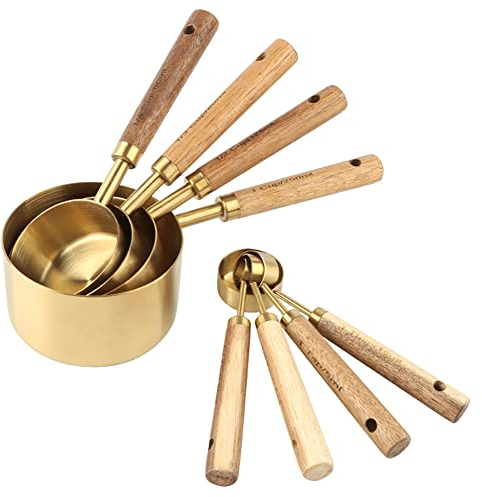 Lot de 8 tasses et cuillères à mesurer en acier inoxydable avec poignée en bois pour ingrédients secs et liquides Doré