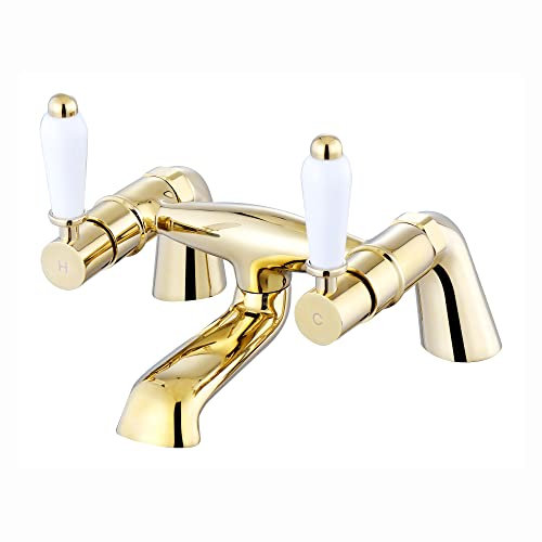 ENKI, Downton, BT0613 Bath Mixer Tap with White Ceramic Levers English Gold