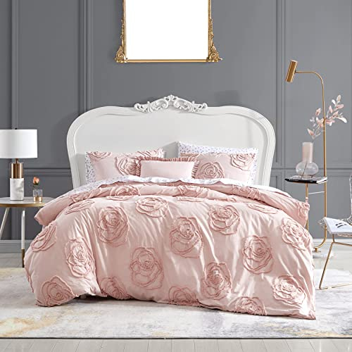 Betsey Johnson Home | Rambling Rose Collection | Bettbezug-Set – 100% Baumwolle, weiche und atmungsaktive Bettwäsche mit Knopfverschluss, vorgewaschen für zusätzliche Weichheit, Queen-Size, Pink