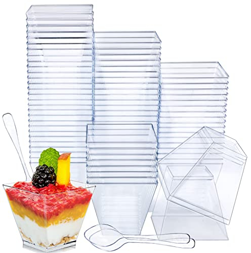 LONTOM 100 Pcs Plastic Dessert Cups with 100 Pcs Spoons, 60 ml/2 oz Plastic Dessert Pots Dessert Bowls, Reusable Cheesecake Pots, Mini Dessert Cups for Mousse Pudding Jelly Trifles Ice Iream Desserts