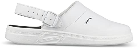 SIKA SRC Pantoletten Herren & Damen mit Verstellbarem Fersenriemen | Pantolette Herren & Damen Schwarz aus Wasserabweisendem atmungsaktivem Leder | Ideal für Pflegepersonal Krankenhaus Küche