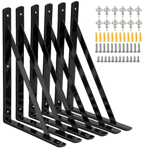 Heavy Duty Shelf Brackets 12 x 8 inch, 6 Pack Wall Shelf Brackets with 90 Degree Triangle, Black Metal L Brackets, Shelves L Brackets(300x190mm)