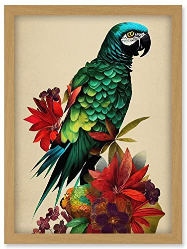 Doppelganger33 LTD Exotic Flowers And Feathers Macaw Parrot And Jungle Blooms Artwork Framed Wall Art Print A4