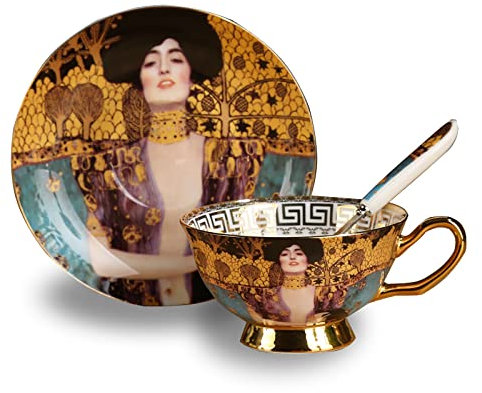 DECRZPB Keramik Kaffeetasse und Untertasse Set Gustav Klimt Adele Bloch-Bauer Keramik Kaffeetasse und Untertasse Set Milchsaft Becher Teller Geburtstagsgeschenk für Büro und Zuhause