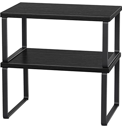 CADUKE Cupboard Shelf Organiser Set of 2, Kitchen Cabinet Storage Shelves with Metal Frame and Wooden Countertop, Black Expandable & Stackable Storage Rack for Pantry, Kitchen, Bathroom, Office