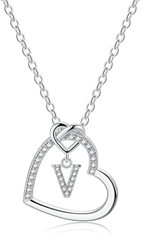 TINGN Kette Mädchen Geschenke für Mädchen - Kette mit Buchstaben Kette Mädchen Geschenke für Mädchen Teenager Mädchen Buchstaben V Kette Mädchen Geschenke Halskette Damen Mädchen Kette Silber Herz