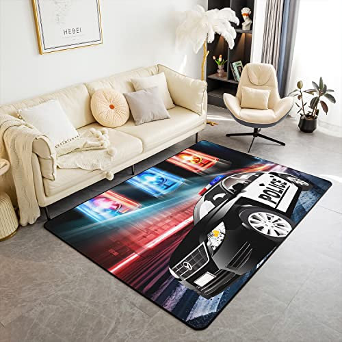 Loussiesd Polizei Auto Teppich 100x150cm Polizist Fahrzeug Teppiche Matte für Wohnzimmer Schlafzimmer Notfall Responder Fahrzeuge Dekor Teppich Rutsch Bereich Runner Teppich
