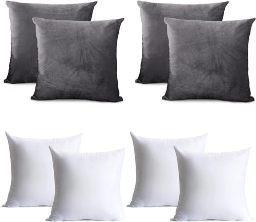 Oxford Homeware Velvet Cushion Covers 45cm x 45cm (Pack of 4) Charcoal Cushions with Covers Included – Decorative Cushion for Living Room Sofa Bedroom with Invisible Zipper, 18 x 18 Inches
