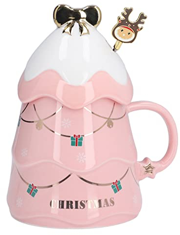 Tazza Natalizia di Grande Capacità da 500 Ml Tazza da Tè in Ceramica Tazza da Caffè con Coperchio Cucchiaio Per Regali di Vacanze di Natale(Rosa)
