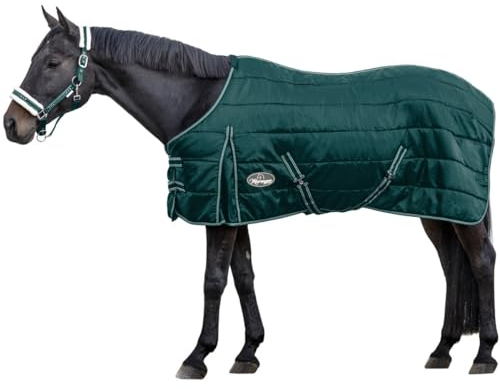 Marengos - Pferde Stalldecke 420D Comfort | atmungsaktiv & mit Thermofüllung | leichte Decke für Pferde mit Kreuzgurten | Größe 135 cm & in Tannengrün | Pferdedecke mit 200g Füllung