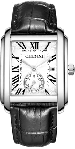 JewelryWe Uhren Herren Echtleder Rechteckig: Datum Kalender 30m wasserdichte Analog Quarz Armbanduhr Männer Leder Armband Uhr mit Silber Gehäuse und Weiß Römischen Ziffern Zifferblatt