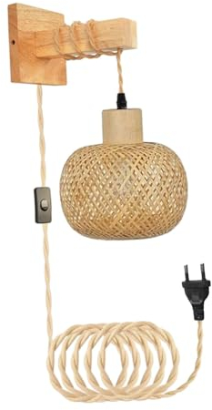 F Fityle Wandleuchte Bambus Rattan, Vintage Wandleuchte Innen Wandlampe, Holz Bambus Laterne Boho Rattan, Bambus Laterne Kleine Japanische Lampe, Wandleuchte mit Stecker und Kabel für Zuhause