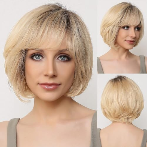 EMMOR Handgebundene Lace-Front-Perücke, 100% Echthaarperücke für Frauen, natürlich gestuft, gewellter unterschiedlicher Stil für weiße Frauen (Blond mit dunklen Wurzeln#)