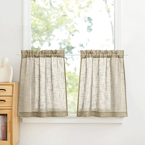 PONY DANCE Bistrogardine Landhaus Wohnzimmer Vorhänge Kurz 2er Set B 60 x H 120 cm Leinenoptik Gardinen Halbtransparent Scheibengardinen Küche für Kleine Fenster, Taupe